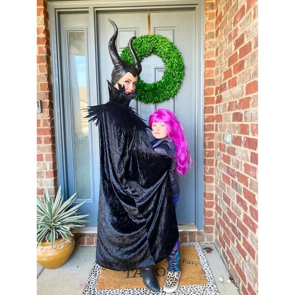 Women Black Witch Raven Costume Halloween Feather Shawl Mesh Cape with Horns Set - Picture 6 of 7